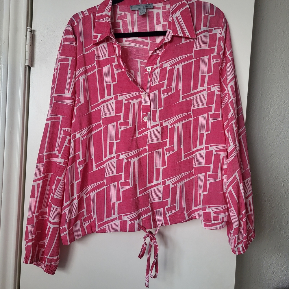 Pink Geometric Collared Drawstring Blouse - Women